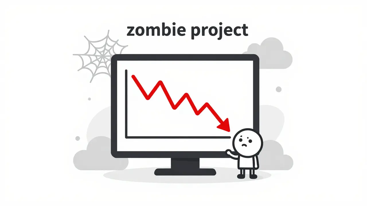 A flat-line price graph on a dusty, abandoned computer monitor in UPA style.