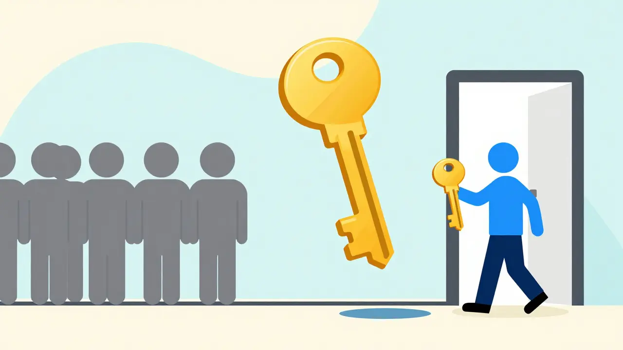 A golden NFT key granting a character priority access over a queue of people.