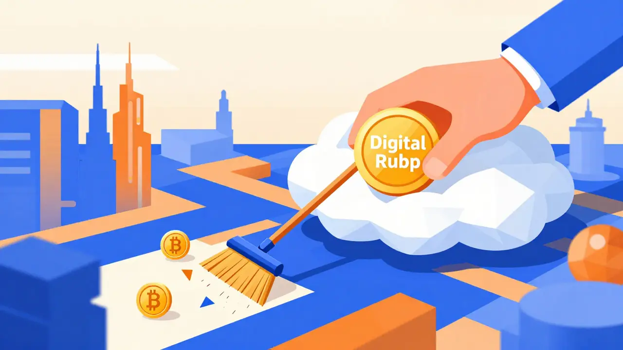 A large hand holding a Digital Ruble coin while crypto symbols are swept away.