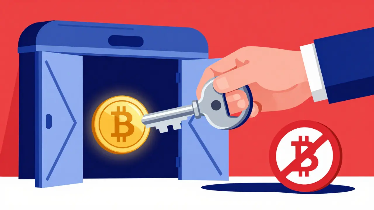 A large hand with a key securing a digital coin, with a red prohibition sign over a stablecoin.