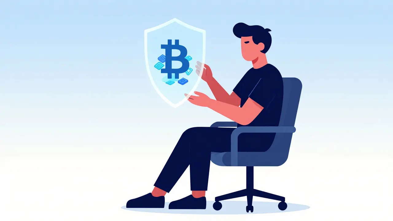 A minimalist character protected by a digital shield overseeing Bitcoin assets in UPA style.