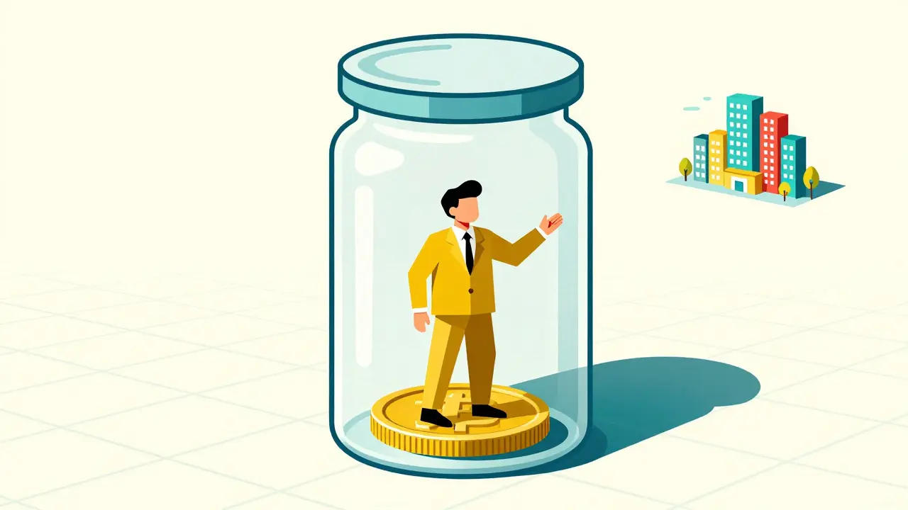 A minimalist character trapped inside a giant coin jar, symbolizing a lack of market liquidity.