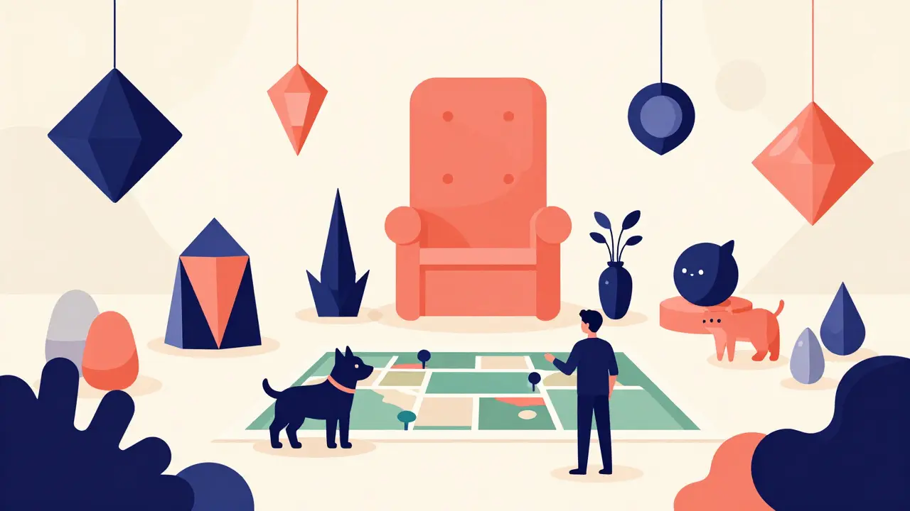 A modernist digital art gallery with floating NFTs and stylized characters in UPA style.