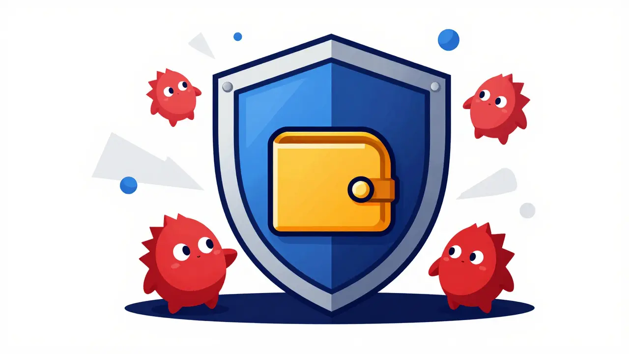 A stylized shield protecting a digital wallet from small, red scam creatures.