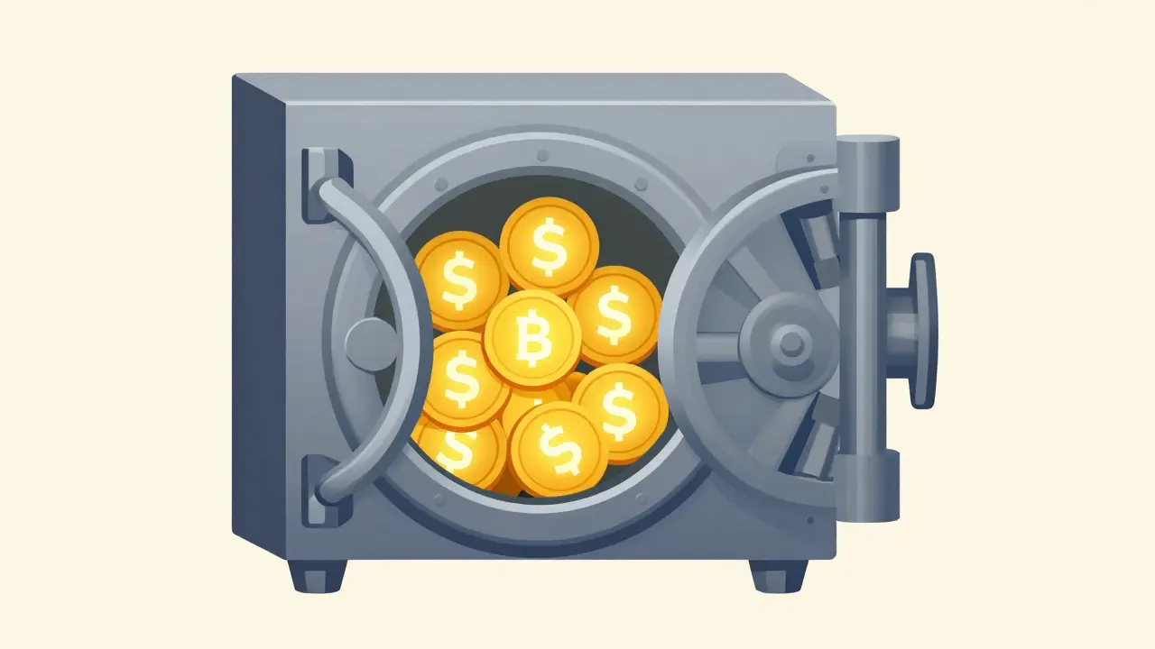 A stylized vault showing a large majority of digital assets stored in cold storage in UPA style.
