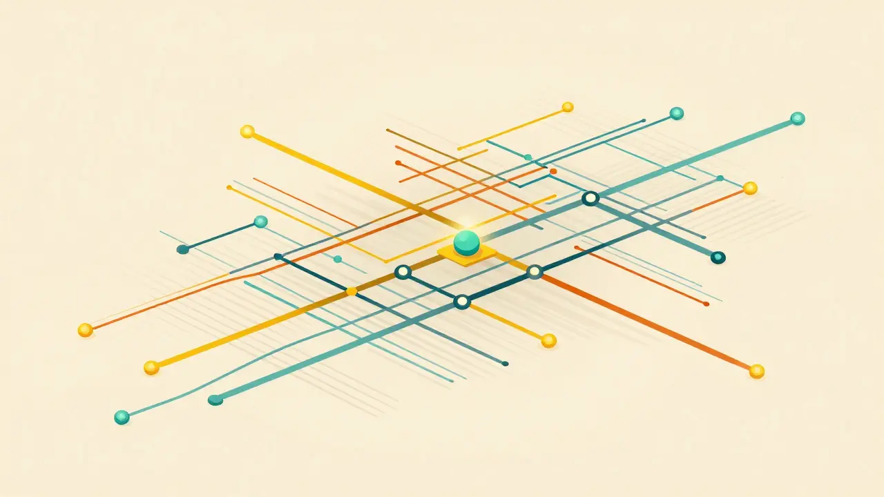 Abstract geometric network showing glowing tokens being routed through colorful paths in UPA style.