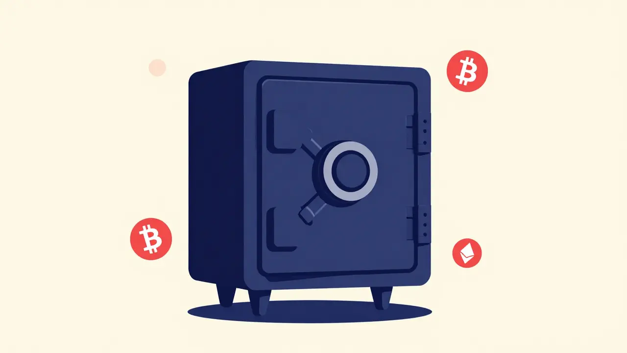 Abstract geometric vault protecting cryptocurrency assets in UPA style.