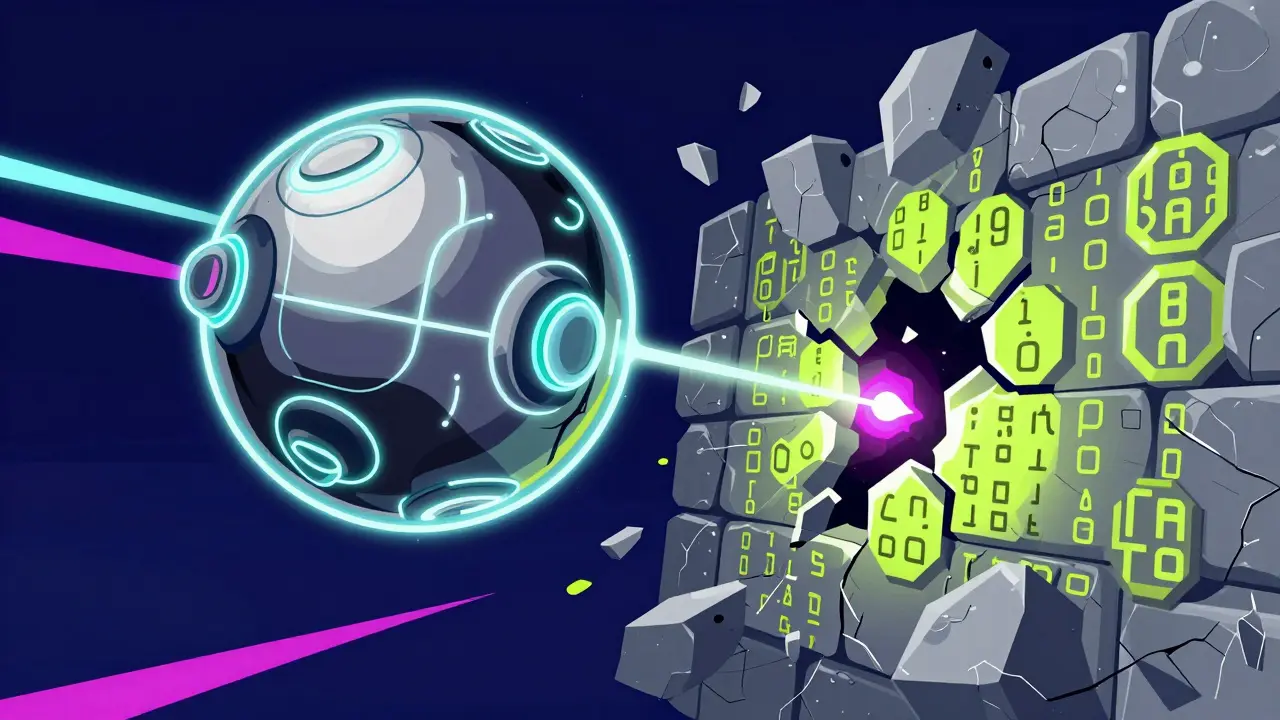 Abstract illustration of a quantum computer breaking a wall of cryptographic code.