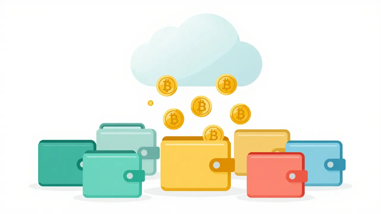 Abstract illustration of gold coins raining from a cloud into colorful wallets.
