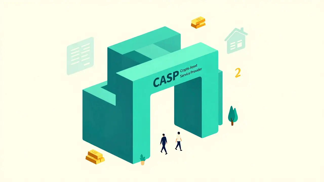 Abstract teal building representing a licensed crypto service provider with real asset symbols.