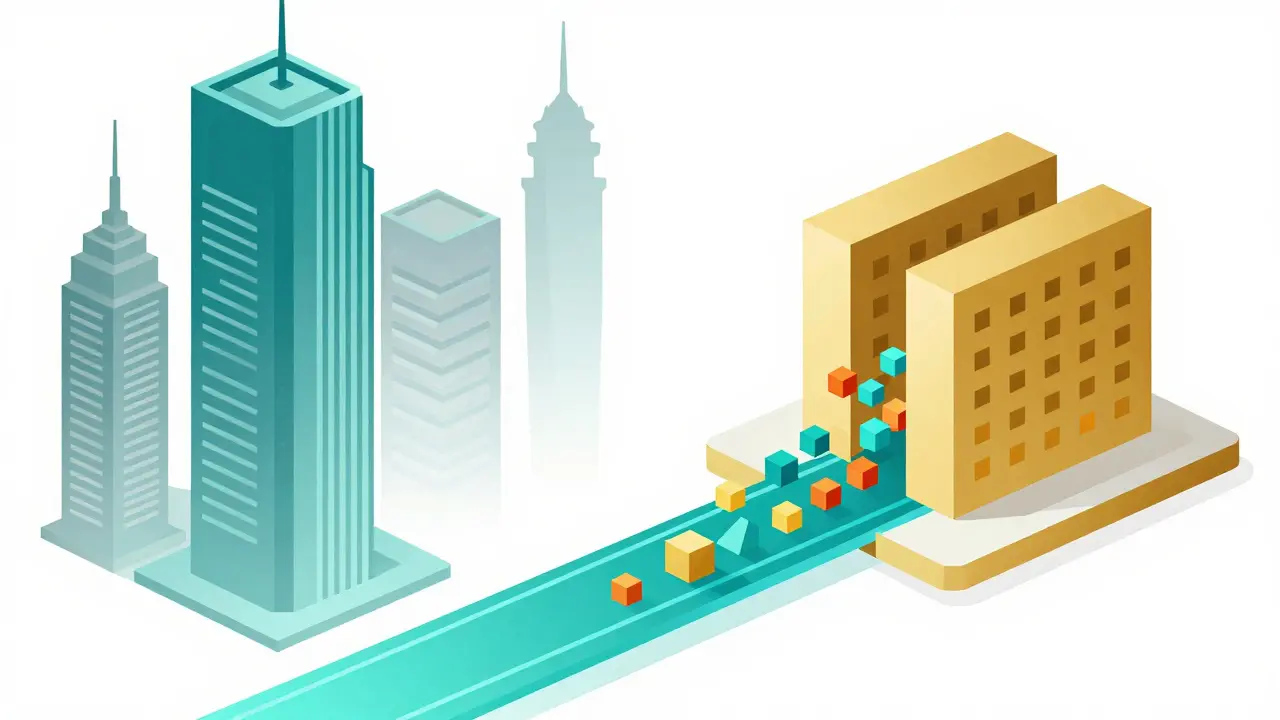 Abstract UPA style art showing real estate being converted into digital blockchain tokens.