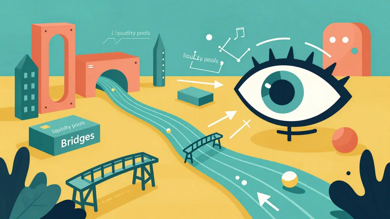 Abstract UPA style artwork showing AI monitoring digital asset flows through geometric structures.