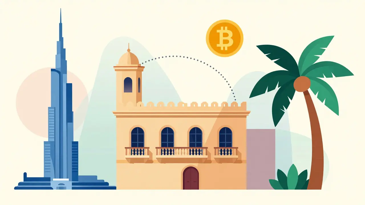 Abstract UPA style depiction of Dubai, Malta, and Puerto Rico connected by a digital coin.