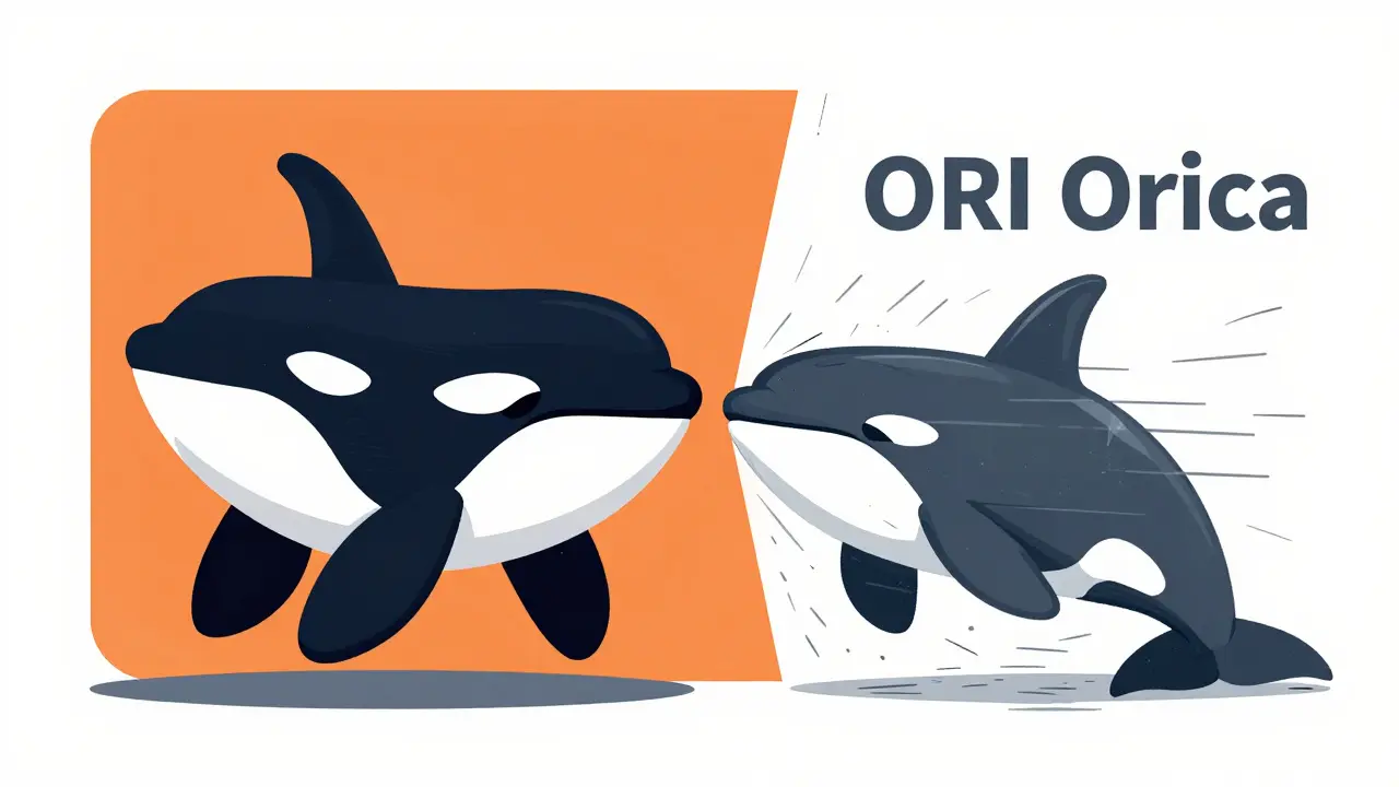 Comparison between a legitimate Orca whale and a glitchy scam version in flat art.