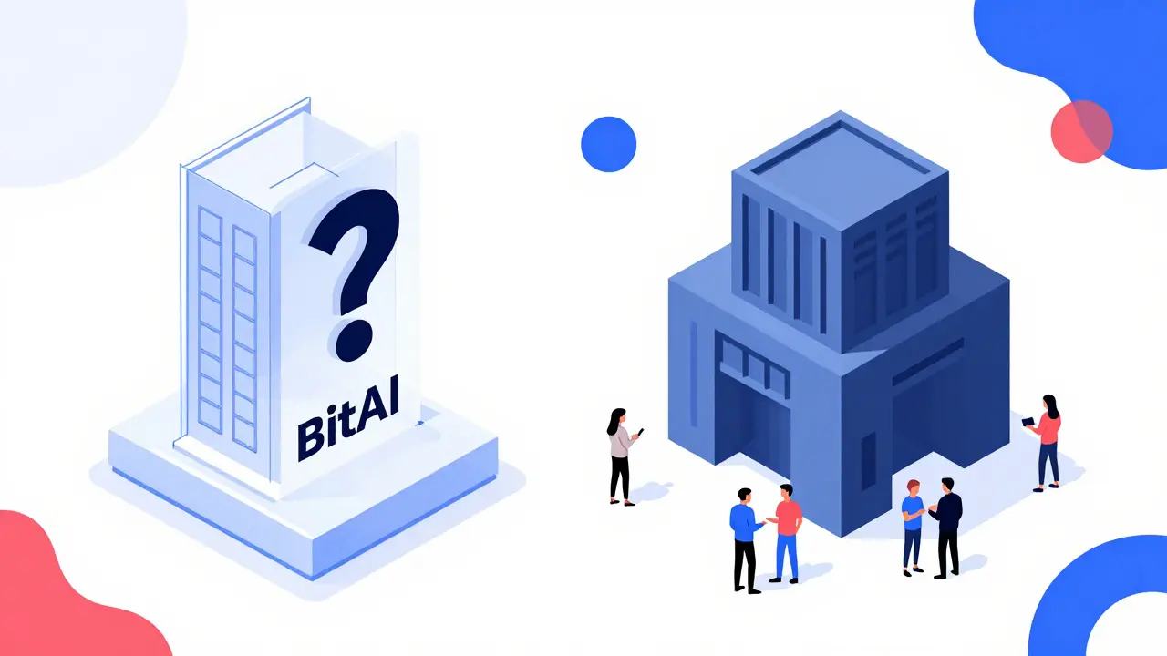 Comparison between a transparent ghost building and a solid corporate exchange building.
