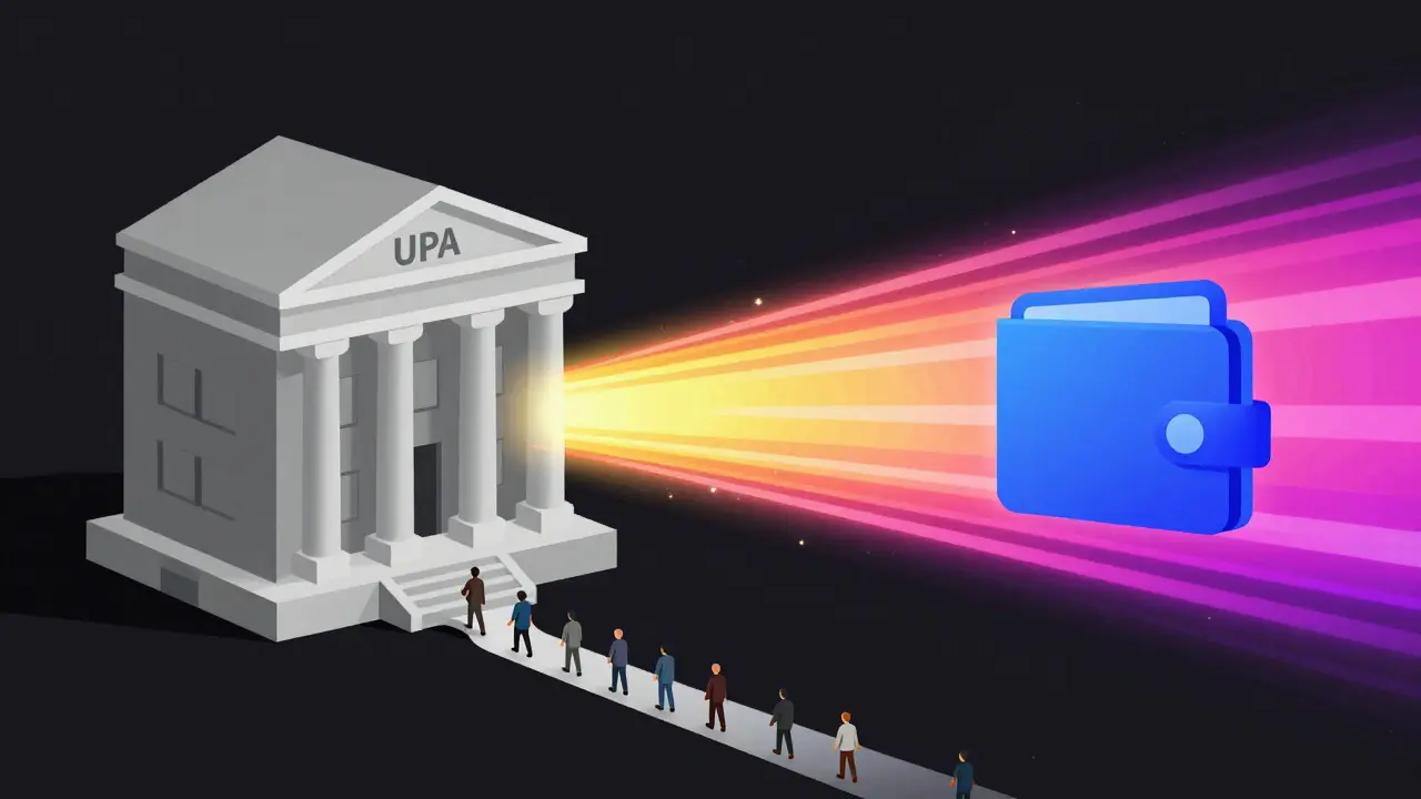 Comparison illustration showing a slow traditional bank versus a fast digital currency wallet.