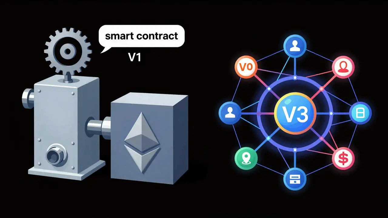 Comparison in UPA style between a bulky V1 mechanical contract and a sleek modern network.