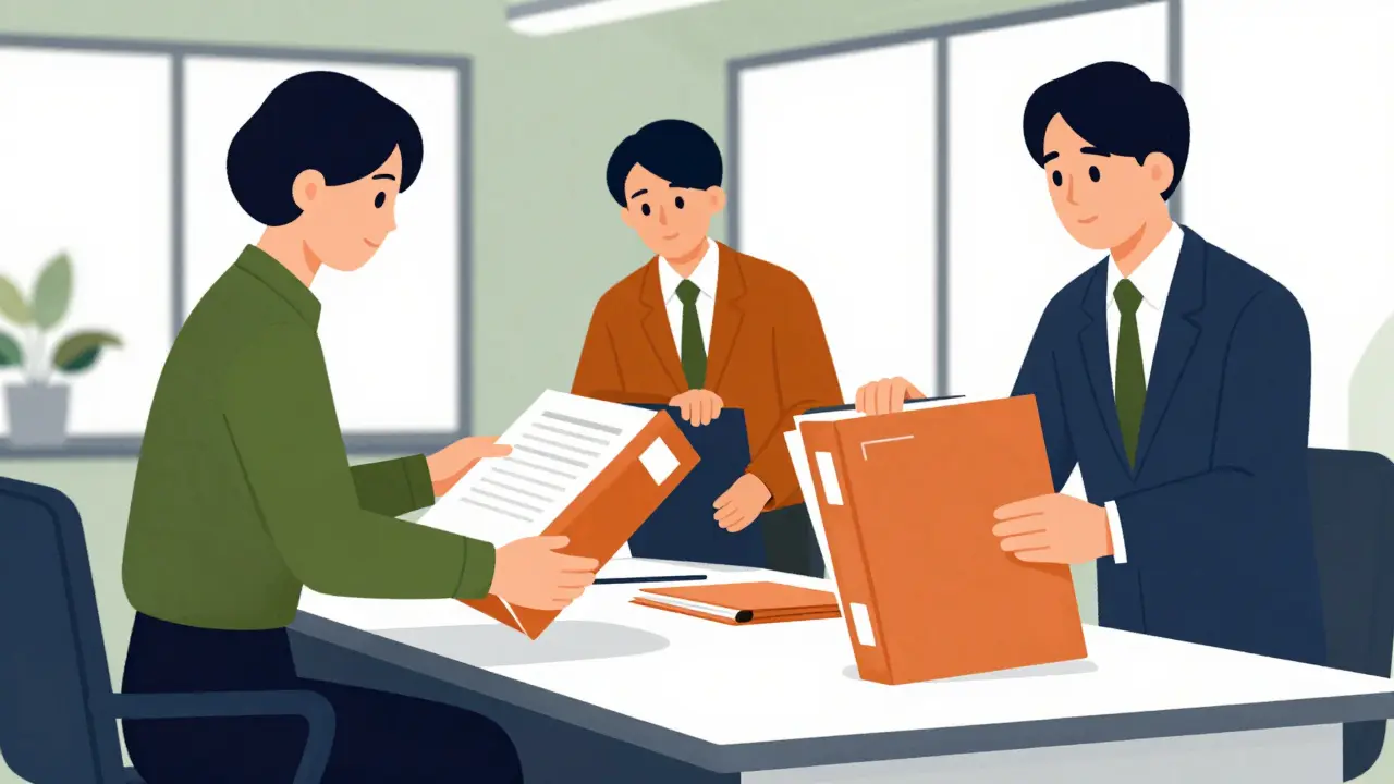 Compliance officers organizing documents in a minimalist Japanese office in UPA style.