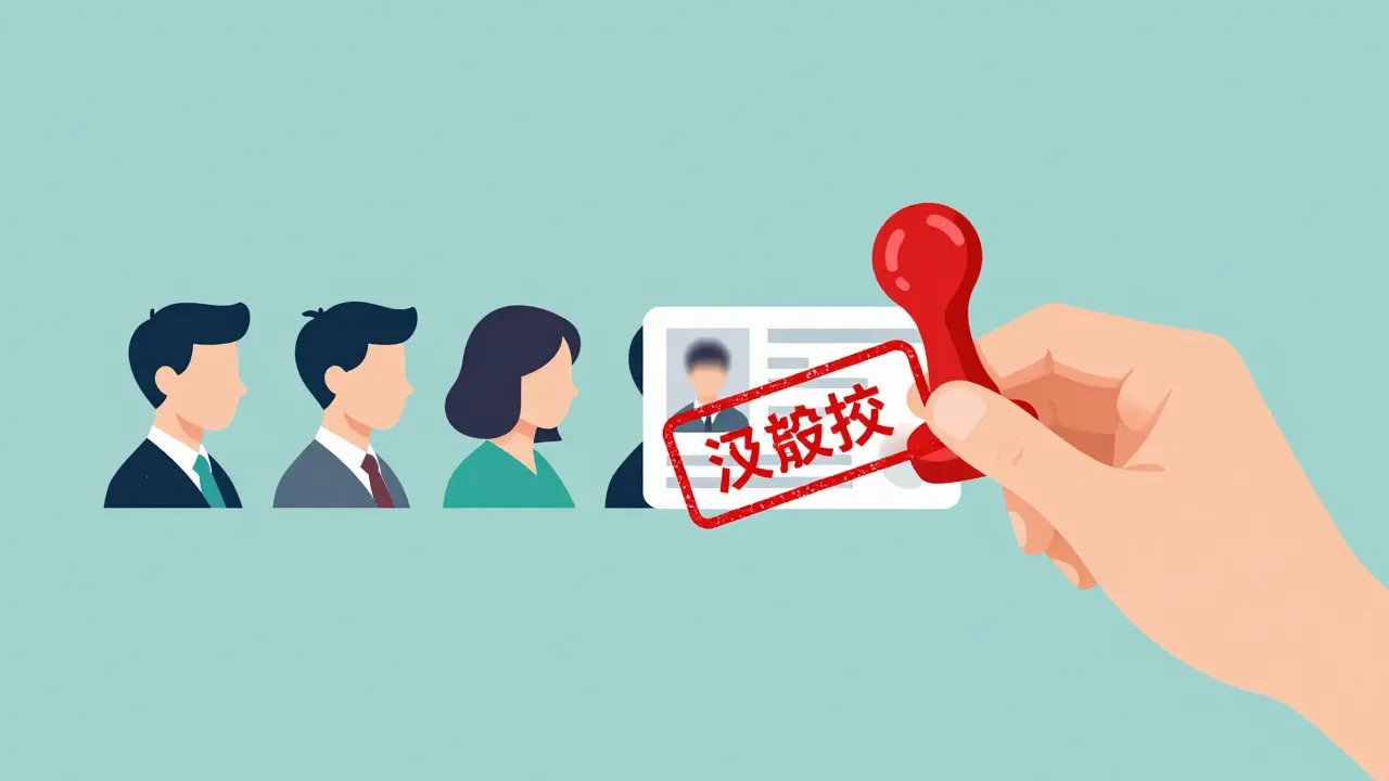 Flat style illustration of blurry ID cards being rejected by a large red stamp.