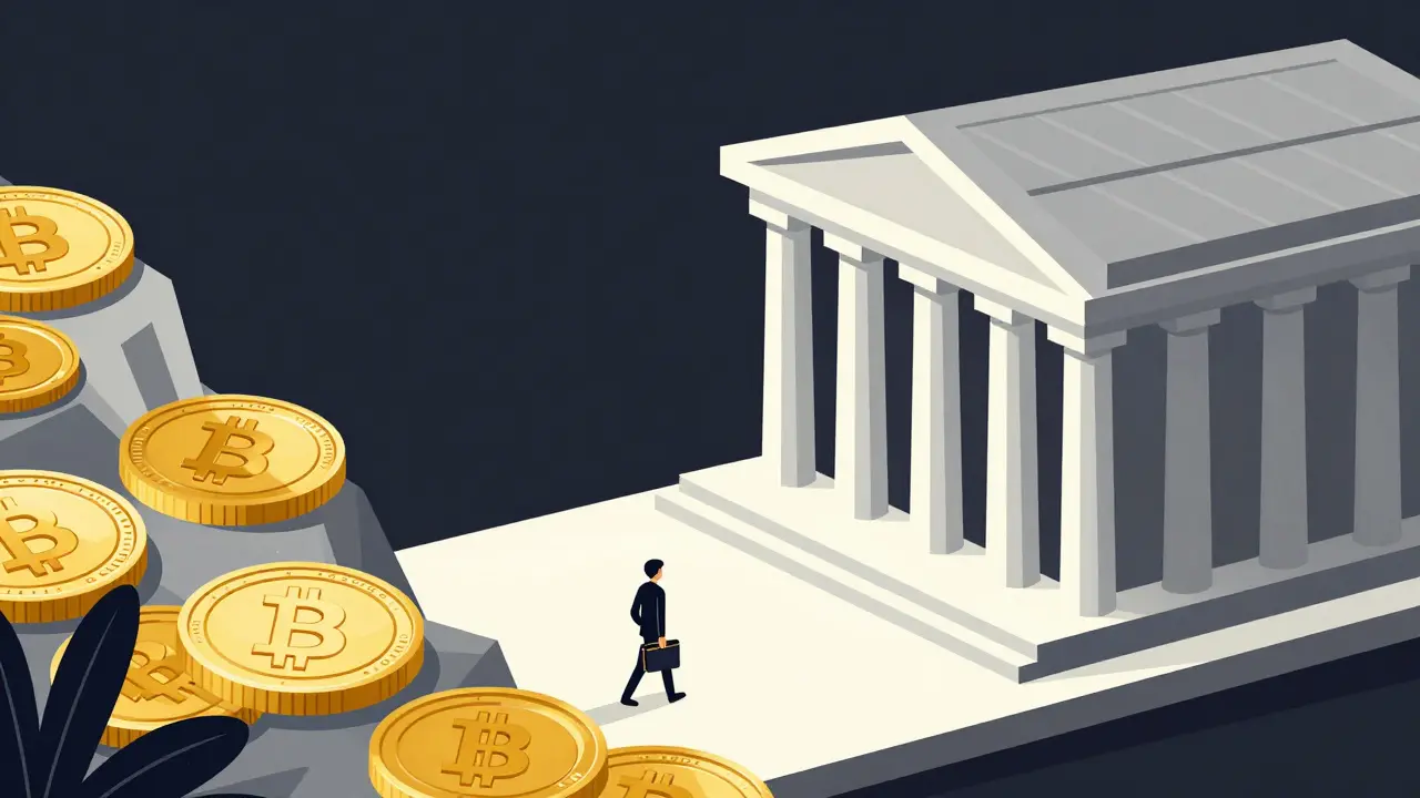 Geometric UPA illustration showing the transition from a chaotic crypto market to a rigid banking system.