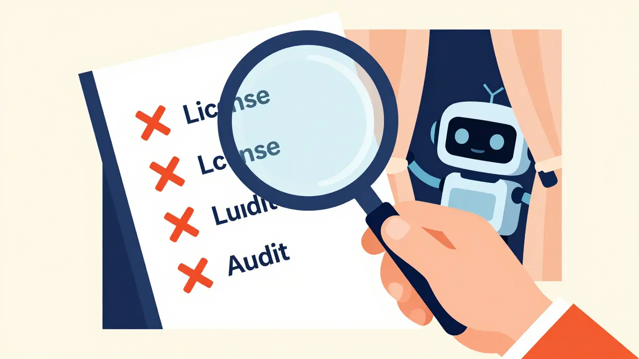 Hand using a magnifying glass to find red flags on a checklist next to a hiding robot.