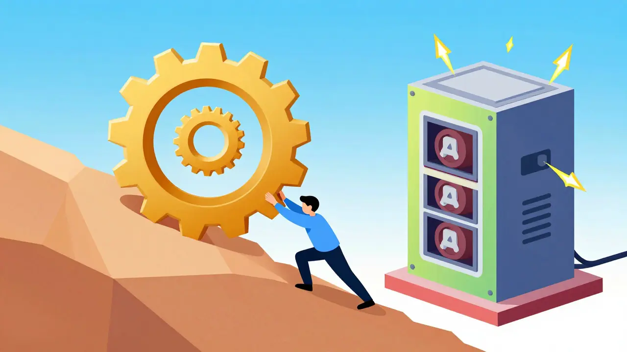 Illustration of a person pushing a giant gear next to a mining machine to represent computational work.