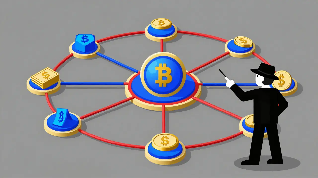 Minimalist cartoon of a detective analyzing a colorful network map of connected digital wallets.