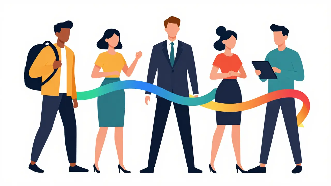 Minimalist characters of a digital nomad and business owner connected by a colorful financial stream.