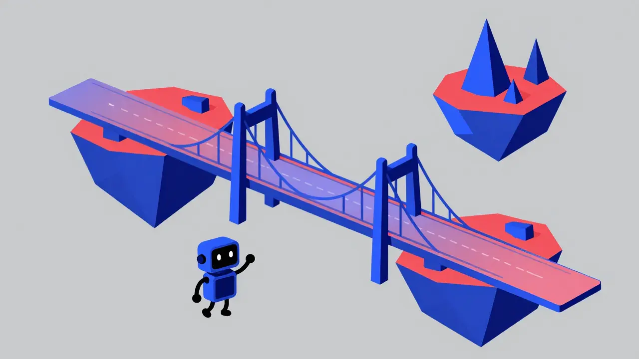 Minimalist illustration of a digital bridge between two islands with a small robot observer in UPA style.
