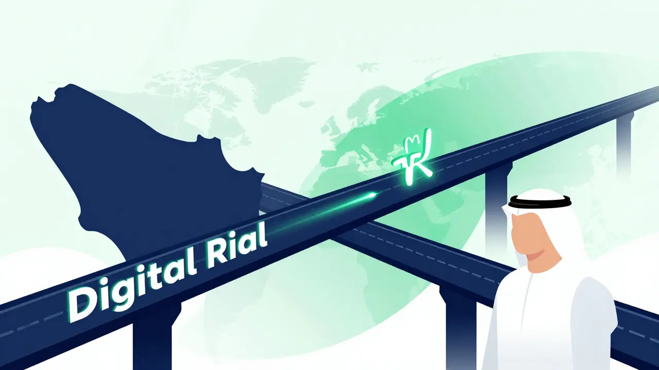 Minimalist illustration of digital bridges connecting Saudi Arabia and other nations for cross-border payments.