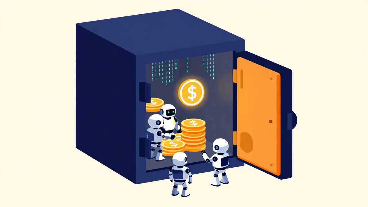 Small AI robots managing digital assets inside a futuristic trading vault