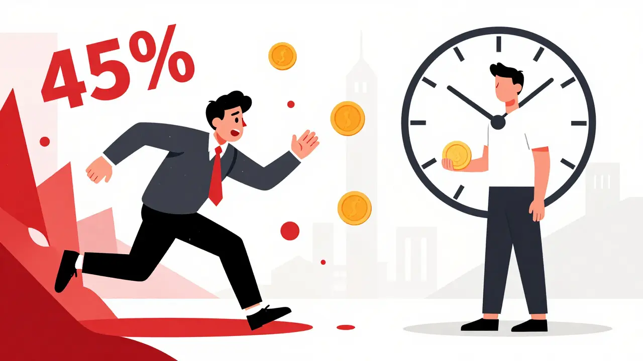 Stylized comparison between a stressed short-term trader and a patient long-term holder.