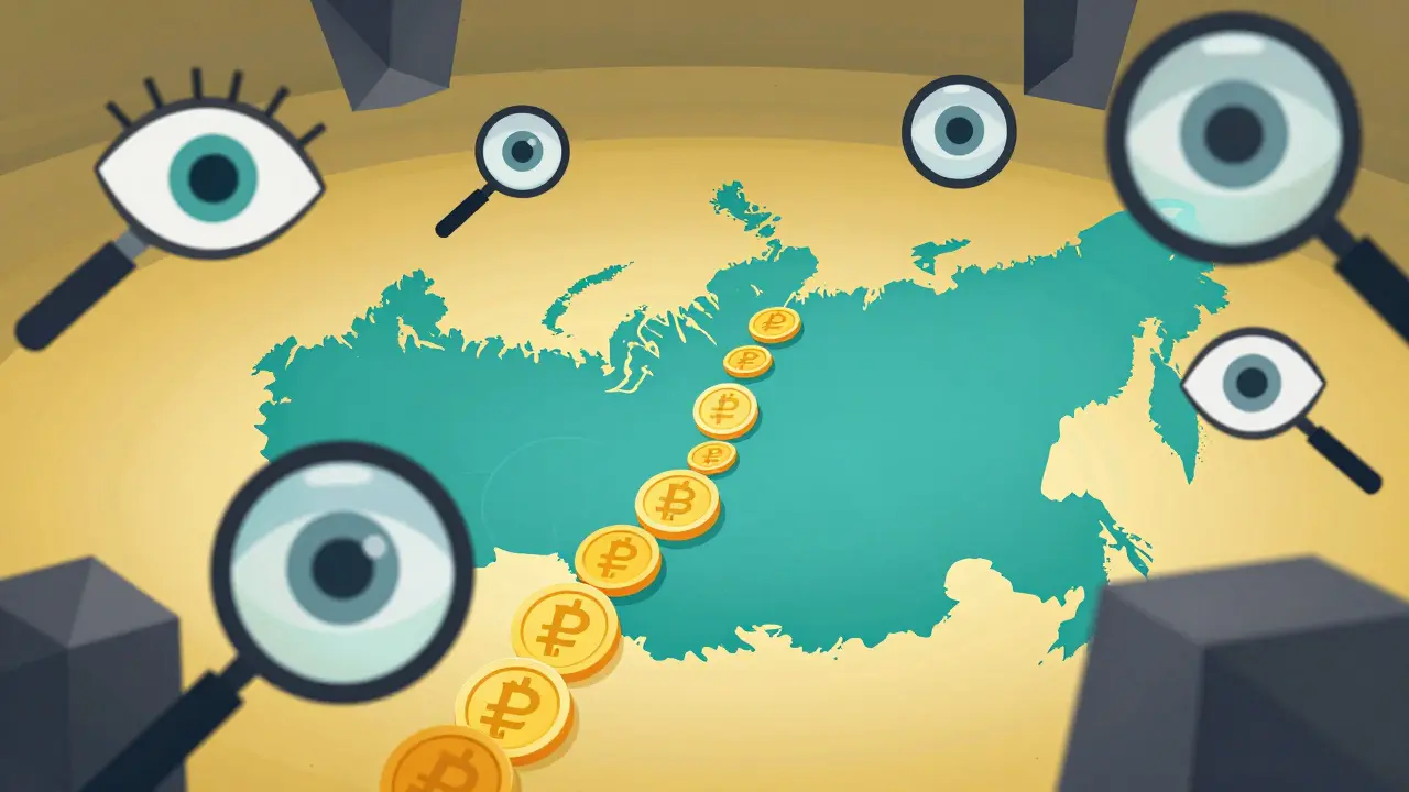 Stylized eyes monitoring the conversion of cryptocurrency to rubles in a graphic style.