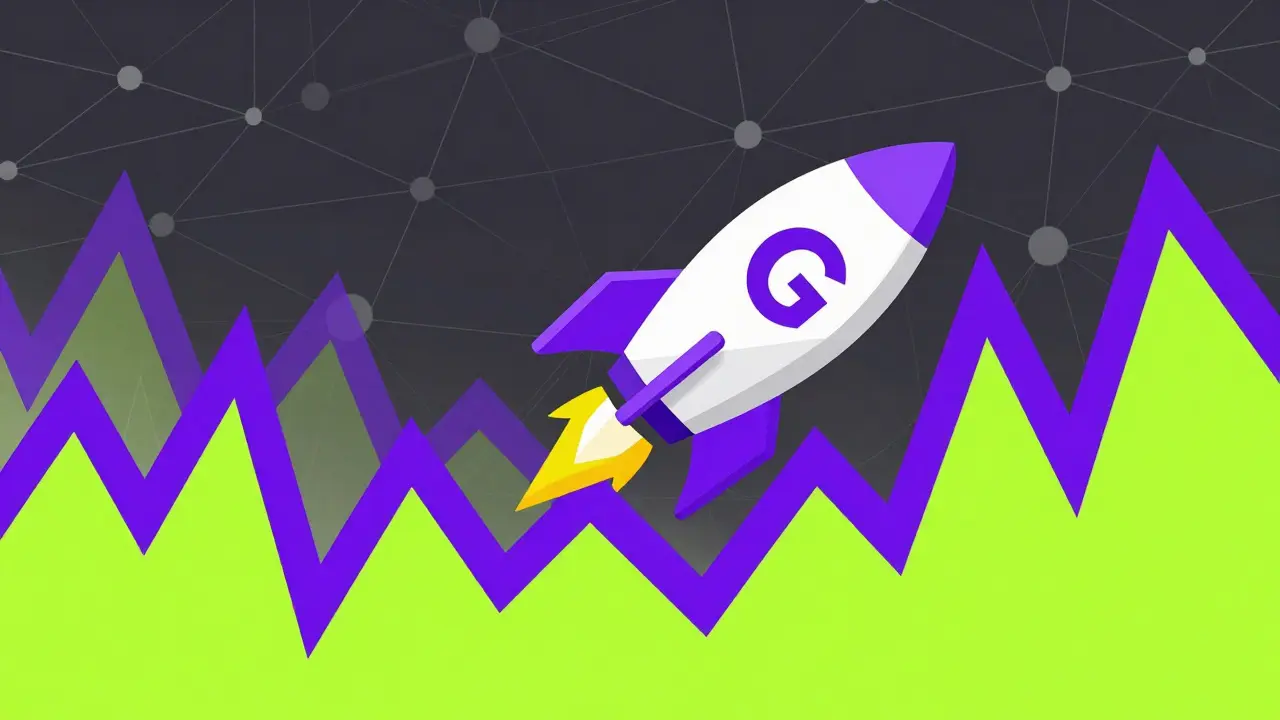 Stylized rocket navigating volatile price charts in a digital network