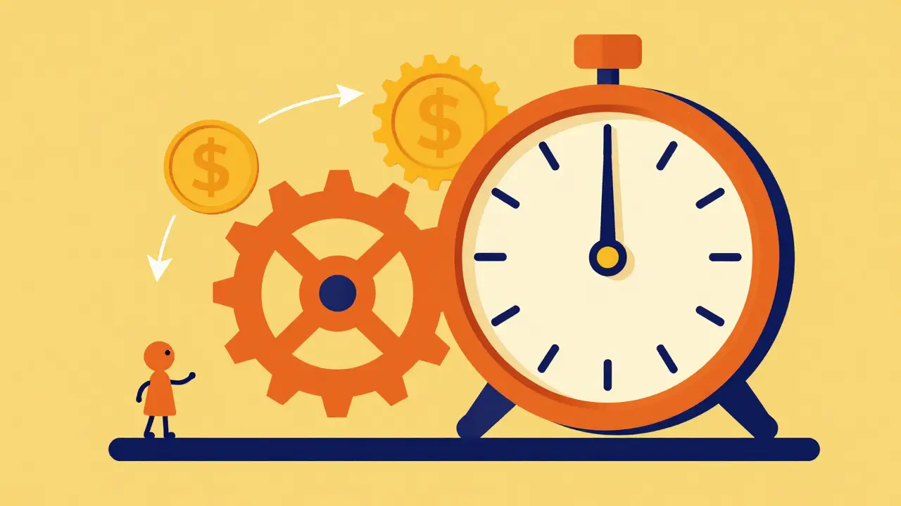 Stylized UPA character by a mechanical clock with coins symbolizing automatic compounding.