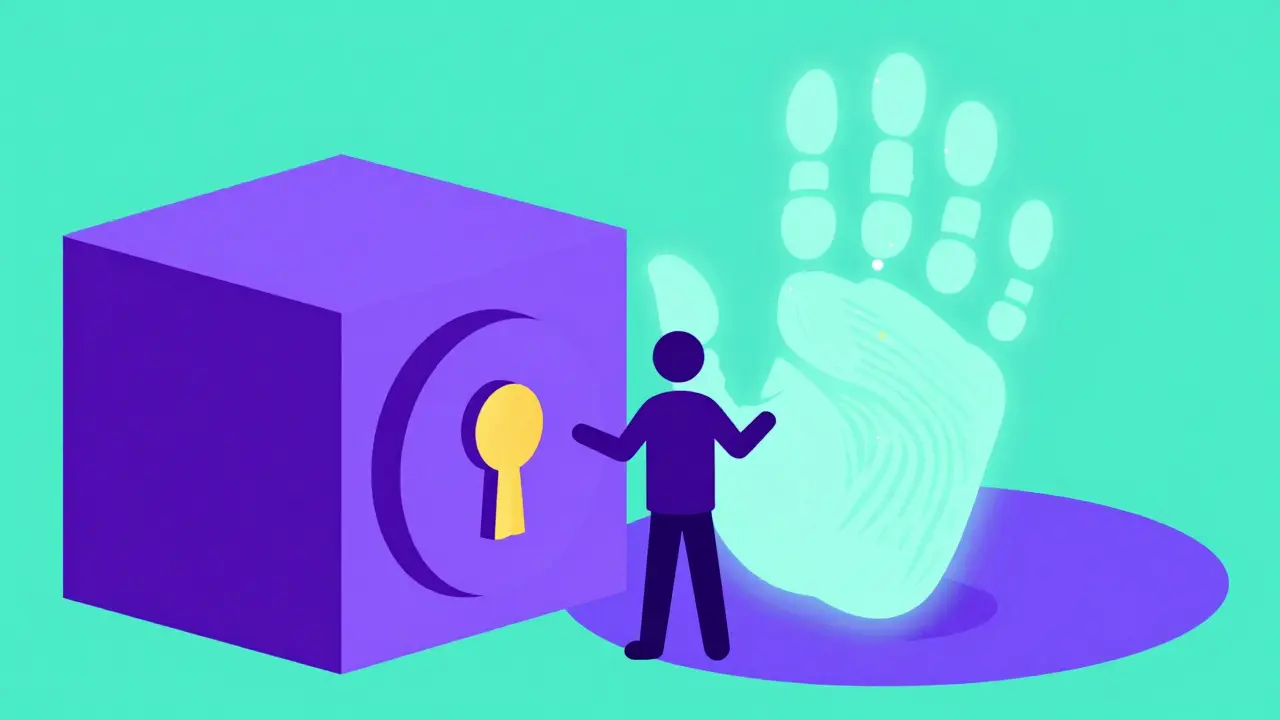 Stylized UPA illustration of a glowing biometric thumbprint unlocking a digital security vault.