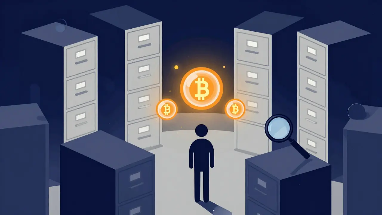 Tiny figure overwhelmed by towering abstract filing cabinet shapes