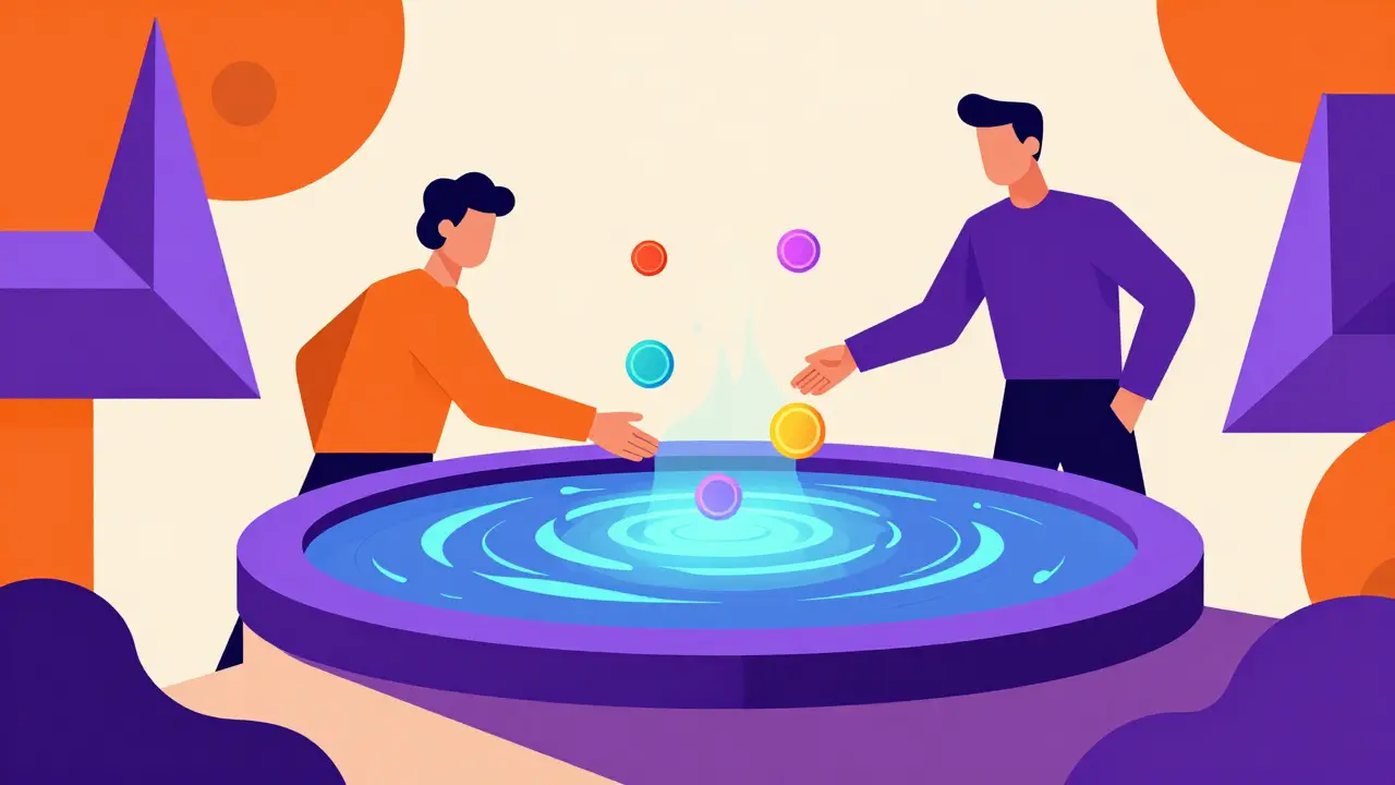 Two stylized figures exchanging tokens over a circular liquidity pool in UPA illustration style.