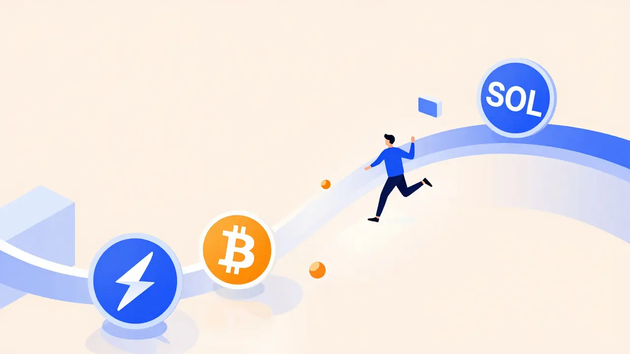 UPA style artwork showing a trader seamlessly moving between different blockchain networks in a cosmic hub.