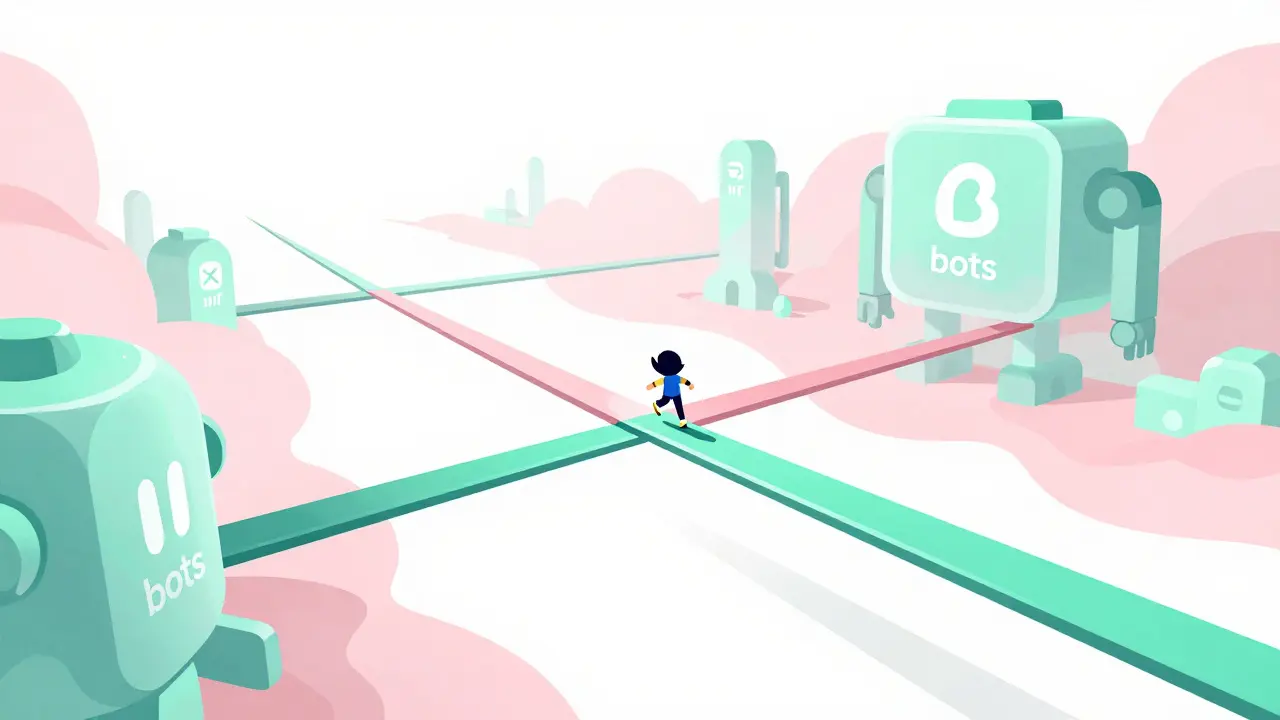 UPA style depiction of a character gliding across digital bridges, avoiding bots in a network.