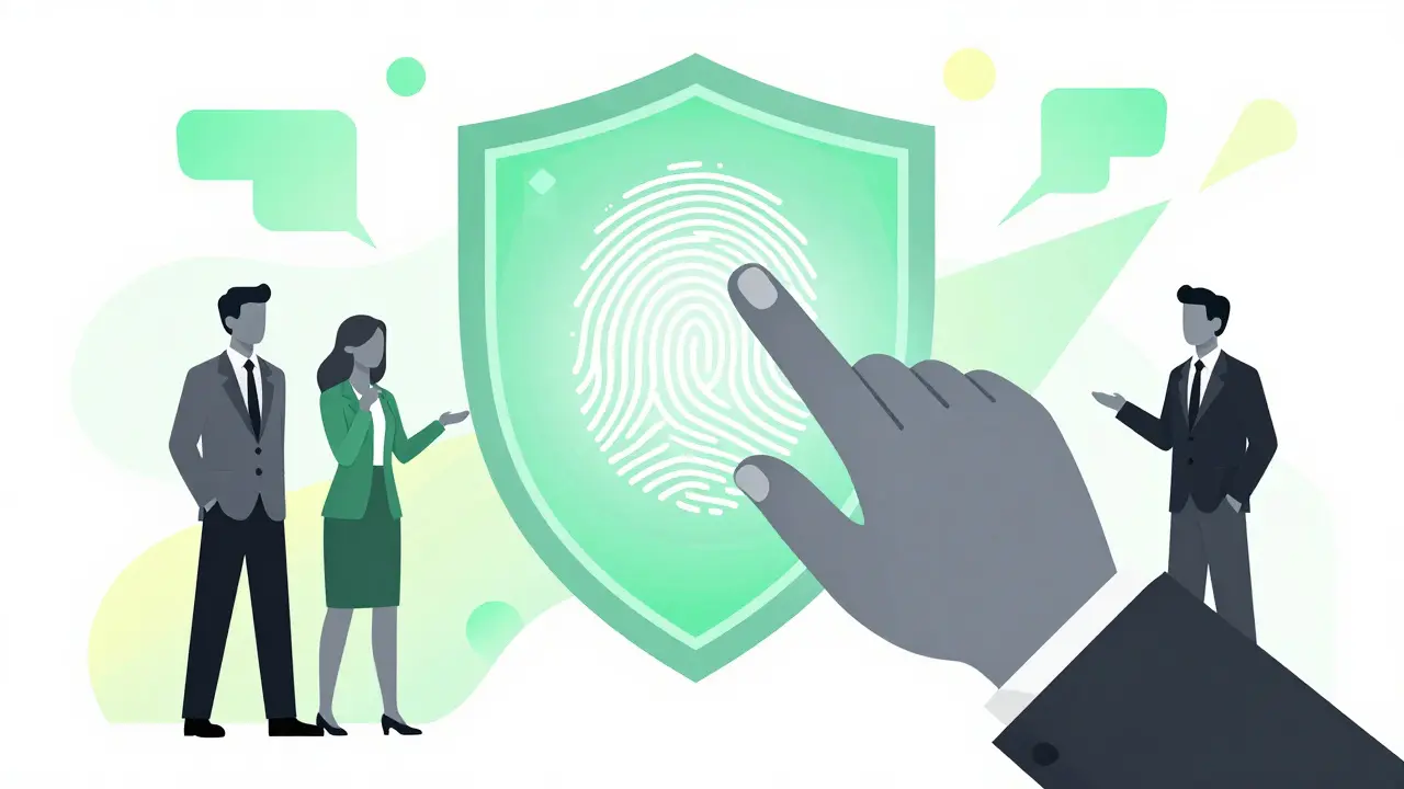 UPA style drawing of a fingerprint scanning a digital shield with three people approving it.