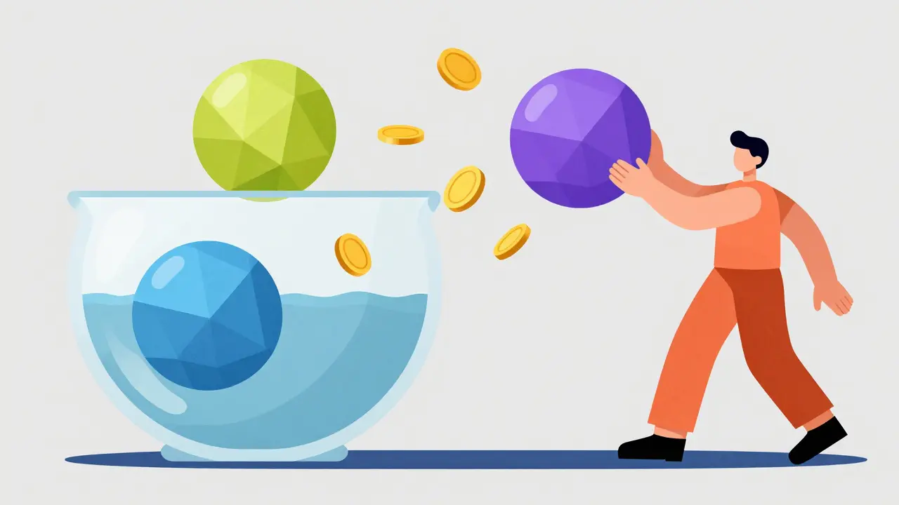 UPA style drawing of a user depositing tokens into a pool to earn trading fees.