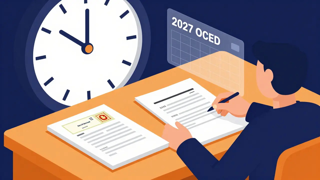 UPA style illustration of a person organizing residency documents next to a ticking clock.