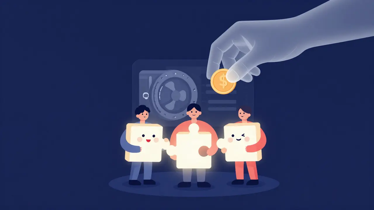 UPA style illustration of guardians helping a user unlock a vault and a hidden hand paying fees.