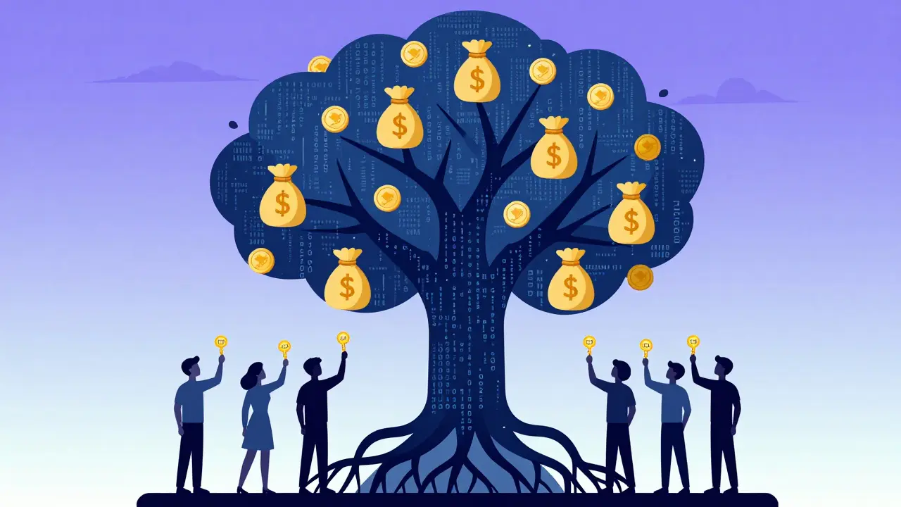 Artistic depiction of a growing treasury tree rewarding token holders