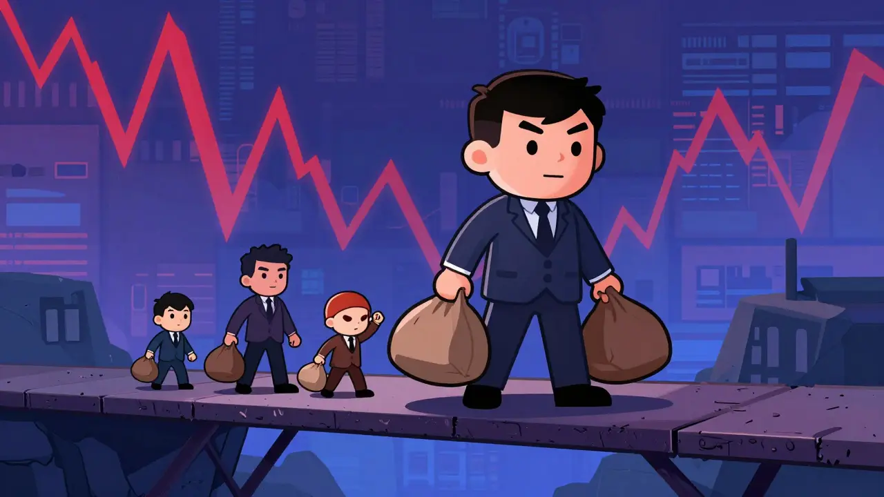 Caricatures on a shaky bridge, illustrating holder concentration and market volatility risks.