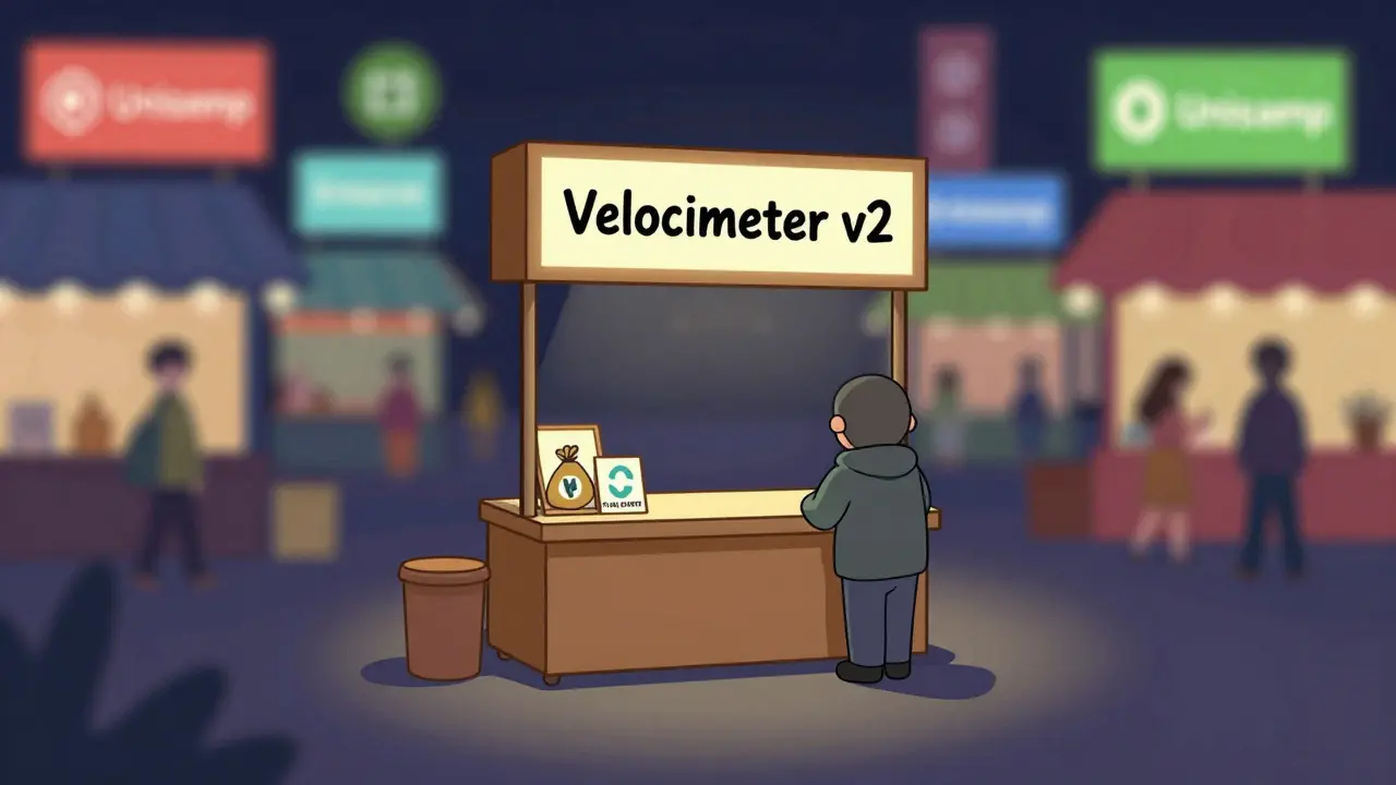 Cartoon comparison of a tiny, empty crypto exchange stall versus large, busy competitor markets.