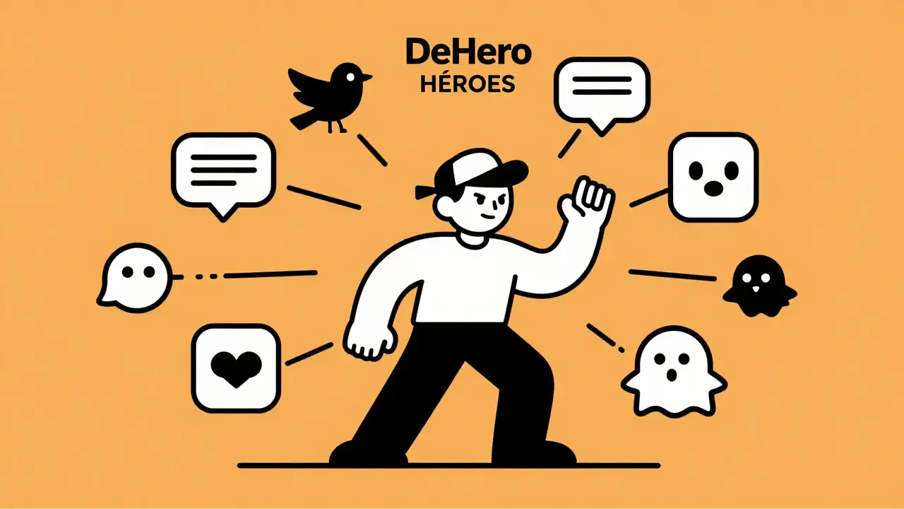 Cartoon figure connecting social media icons and community symbols.