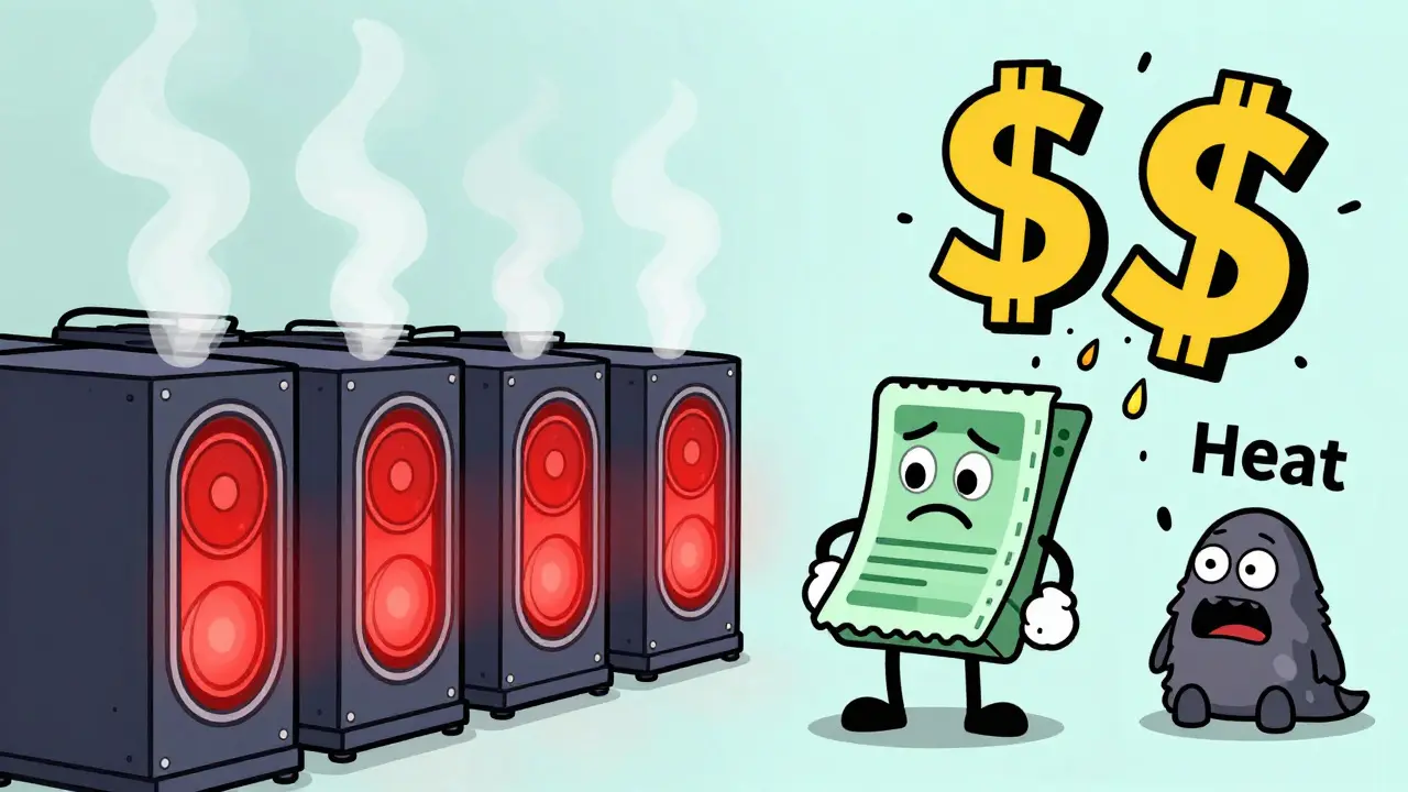 Cartoon miners struggling with heat and electricity bills