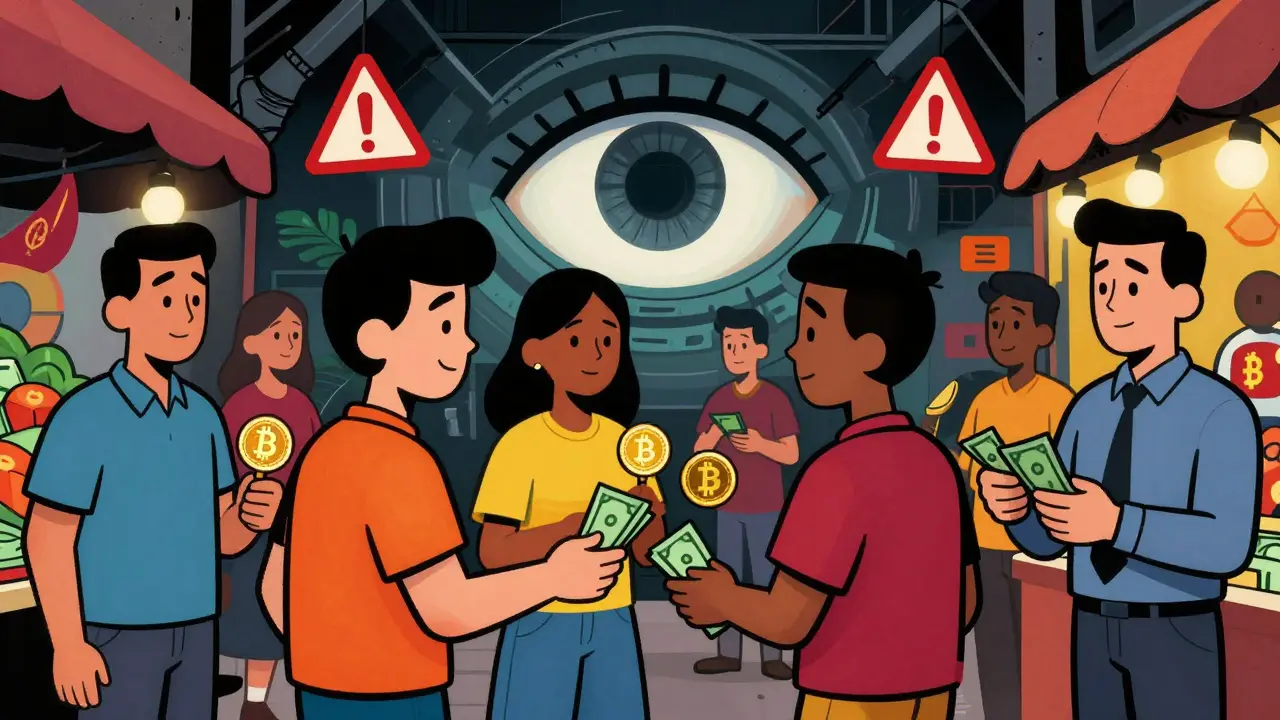 Cartoon of citizens trading cash for crypto in an underground market under surveillance